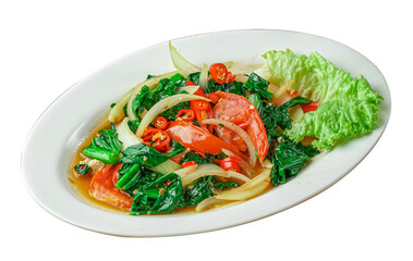 South asian cuisine. 
Malaysian dish 
Stir fry kailan with salted fish/Kailan masak ikan masin. PNG image 
