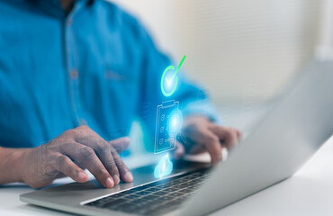 Businessman checklist digital data document management system (DMS), online documentation database and process automation to efficiently manage files. Corporate business technology.