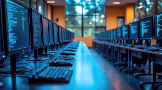 Row of computers with code displayed on screens