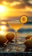 lemon drop cocktail in a glass at a bar on the beach