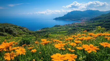 Fototapeta premium Yellow flowers bloom on green hillside. Blue ocean and mountain range in the background under clear sky. Coastal landscape on a bright sunny day.
