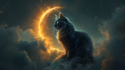 Majestic black cat gazing at a glowing crescent moon amidst a starry night sky and clouds