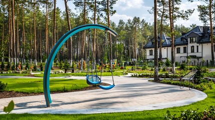 Modern Playground with Vibrant Blue Swing Surrounded by Lush Greenery in Residential Area