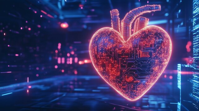 A glowing cyberpunk-style heart with neon circuit patterns, set against a futuristic sleek backdrop 