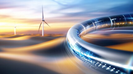 Innovative technologies driving renewable energy solutions coastal landscape digital art futuristic view sustainable development