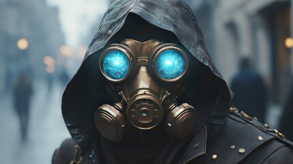 Intricate steampunk gas mask with brass fittings urban street digital art foggy atmosphere close-up view futuristic concept