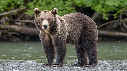 Fototapeta premium Majestic Grizzly Bear Standing Near Riverbank Surrounded by Lush Forest in Natural Habitat