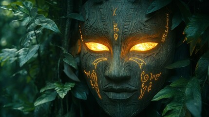 Ancient tribal mask carving rainforest art organic environment close-up cultural heritage