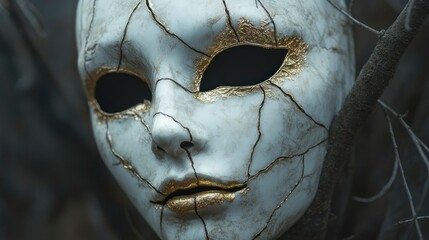Cracked porcelain mask with golden inlays enigmatic forest photography mysterious setting close-up intriguing concept