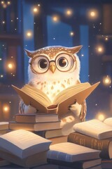 Owl librarian organizes books in a cozy library while balancing them humorously with its wings