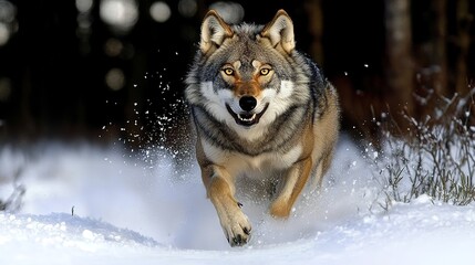 Obraz premium Grey wolf running through snow in forest. Wild life. Timber wolf in snowy winter forest .