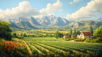 Obraz premium Scenic rural landscape featuring vibrant vineyards, quaint cottages, and majestic mountains