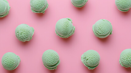 Delicious Green Ice Cream Scoops on Pink Background for Summer Dessert Inspiration