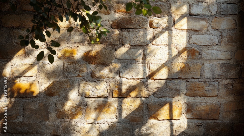 Leinwandbilder golden sunlight filters through leaves, casting intricate shadows on the weathered stone wall. this 