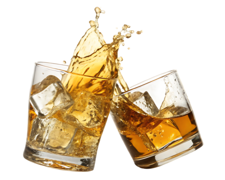 Two glasses of whiskey clinking, ice cubes, splash.