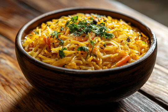 Seviyan, vermicelli kheer, khir, is a popular dessert consumed especially on Eid or any other festival in india, asia. Served in a bowl dry fruits over colourful, wooden background. Selective focus