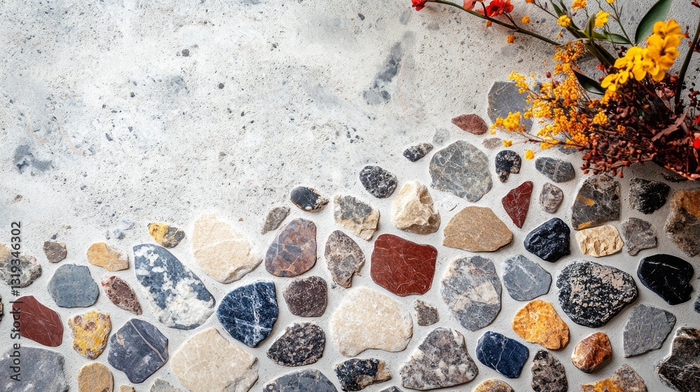Poster a beautiful collection of assorted stones creates a striking design on a surface, complemented by vi