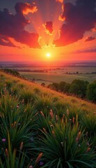 Crimson sun crests over endless prairie, dew-kissed grass , field, sun