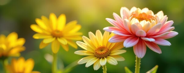 Fototapeta premium Daisy-like flowers, sunny yellow and rose pink, green leaves, daisy, colorful, image