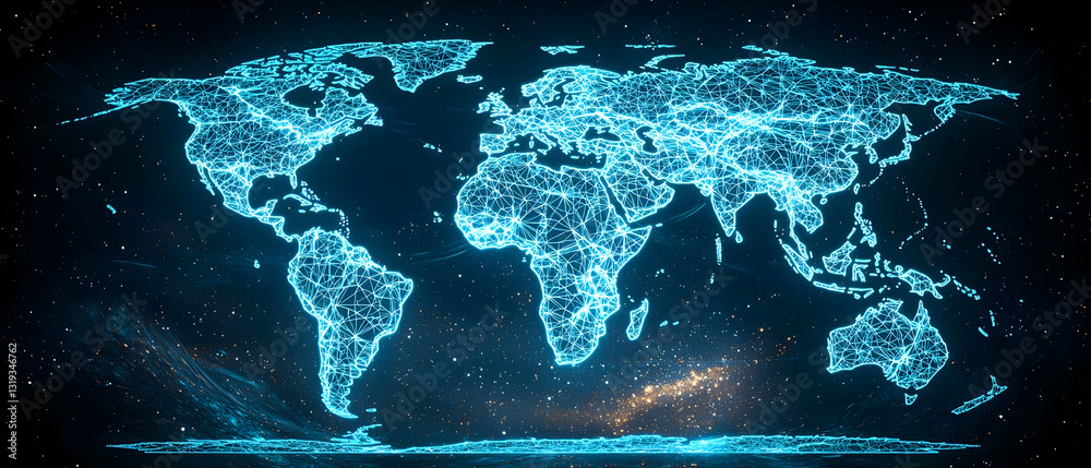 Poster glowing blue world map with digital network on dark background and space with stars visualizing glob