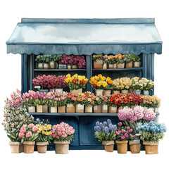 watercolor illustration. Colorful flower stall with various blooms in pots. on transparent cutout, PNG file