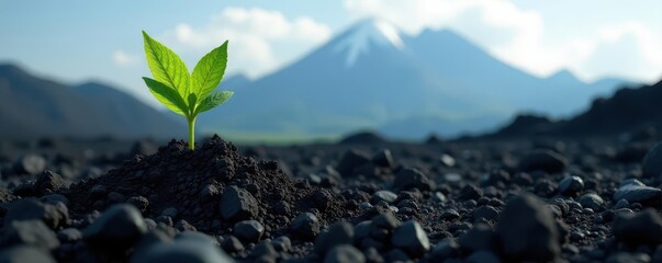 Delicate green shoot pushing through rich black volcanic ash; majestic peaks behind , earth, renewal