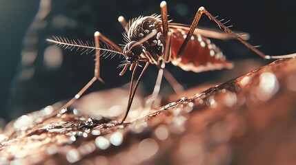 Close-up view of a mosquito feeding, showcasing intricate details of its anatomy.