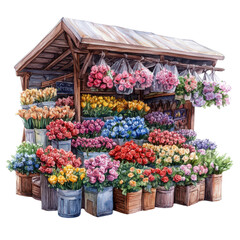 watercolor illustration. Flower market stall with colorful blooms and rustic wooden structure. on transparent cutout, PNG file
