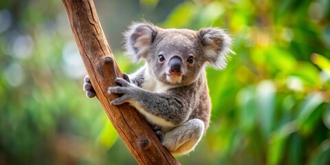 Adorable Juvenile Koala Clinging to a Tree Branch in a Lush, Verdant Forest Habitat