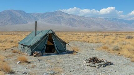 Desert campsite with canvas tent and fire pit