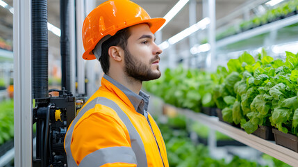 Professional Agricultural Worker in Safety Gear Monitoring Hydroponic Lettuce Growth in Modern Greenhouse Facility