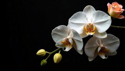 Dramatic black background, cascading bouquet of white orchids and peach roses, petals, background