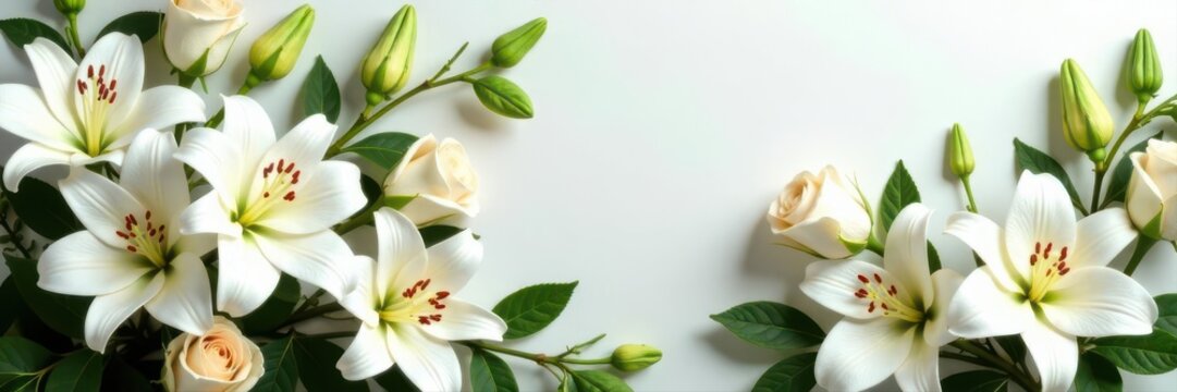 Extravagant white floral wreath, premium lilies and roses , last respects, still life, arrangement