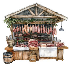 watercolor illustration. Rustic meat market stall with hanging cured meats and wooden displays. on transparent cutout, PNG file