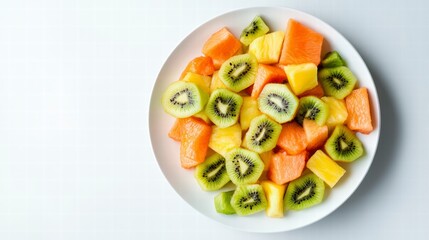 Exotic Fruit Medley: A vibrant assortment of tropical fruits, artfully arranged on a pristine plate, evokes a refreshing and delicious culinary experience. Perfect for those looking for healthy food.
