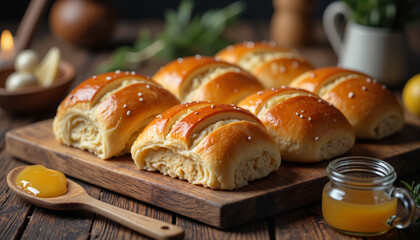 Warm Swedish Kitchen &ndash; Freshly Baked Barley Rolls with Honey in Candlelit Ambiance for Cozy Nordic Blogs, Rustic Baking, and Traditional Scandinavian Cuisine