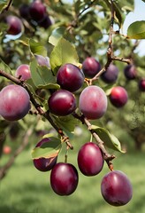 A plum tree with ripe plums hanging