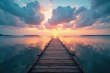 Obraz premium Long wooden pier stretches into calm, cloudy dusk water; peaceful scene , jetty, travel