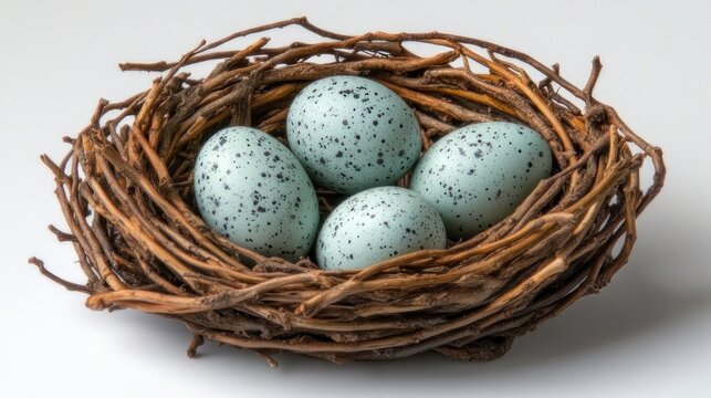 Light teal speckled eggs nestled in a rustic bird's nest (1)