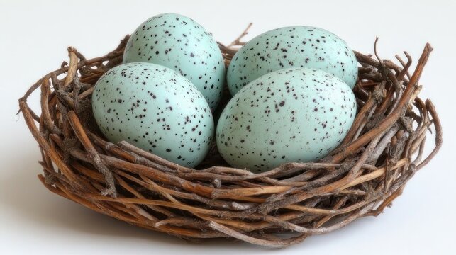Four light teal speckled eggs in a nest