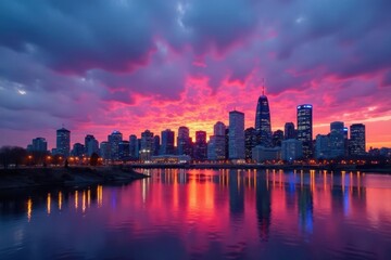 Fototapeta premium Montreal skyline panorama, dusk, St Lawrence River, cityscape, downtown, background, image