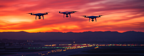 Three Drones Flying in Formation Over an Airport Runway at Sunset
