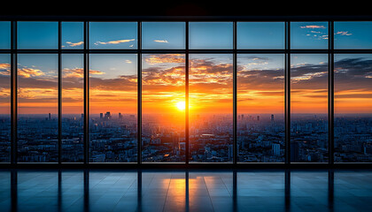 Panoramic sunset view of a sprawling city skyline, seen through a large window of a modern building