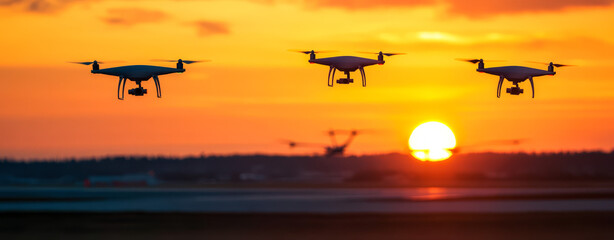 Three Drones Flying in Formation Over an Airport Runway at Sunset
