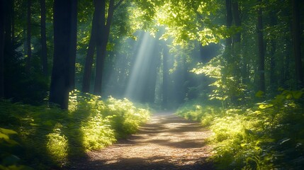 Fototapeta premium Serene forest path illuminated by sunlight with lush greenery on a peaceful morning