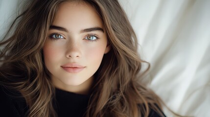 Naklejka premium Beautiful 18-year-old French girl with captivating eyes smiles in modern attire at home
