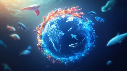 Fototapeta premium International Day for Biological Diversity Digital globe surrounded by colorful marine life, vibrant underwater scene highlighting ocean diversity and conservation themes.