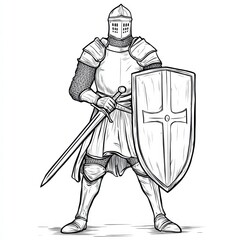 Obraz premium Medieval Knight in Armor: A valiant knight stands resolute, clad in full plate armor, wielding a long sword and a shield emblazoned with a cross.