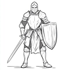 Obraz premium Steadfast Sentinel: An armored knight, sword and shield in hand, stands vigilant. This detailed illustration embodies the valor and strength of a medieval warrior, ready to defend.