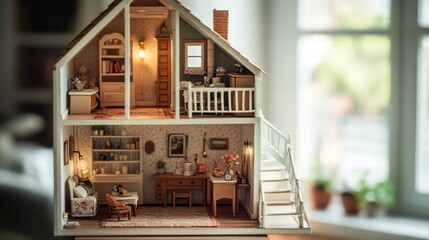 Miniature House: Intricately detailed dollhouse, showcasing rooms with furnishings, offering a glimpse into a world of imagination and charm.